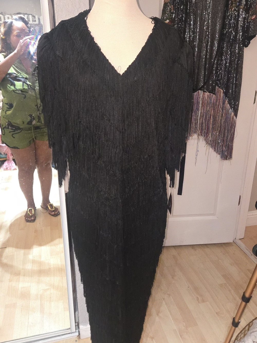 Black Fringe V‑Neck Maxi Dress